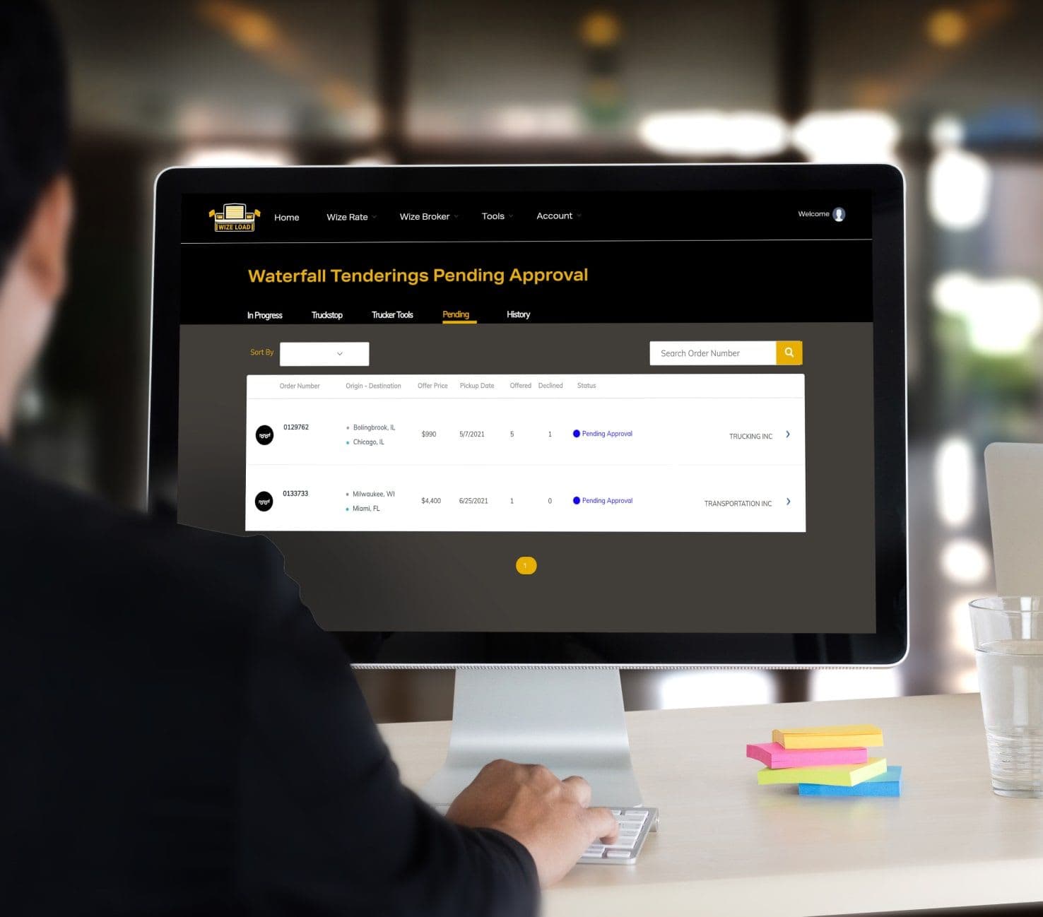 Logistics Broker using the Wizebroker software to manage pending trucking projects